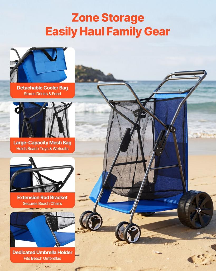 Strandkarre mit großen Rädern für Sand, 75 kg Tragfähigkeit, Robuster faltbarer Strandwagen mit 250 mm Vollgummirädern, Isolierte Kühltasche, Sonnenschirm