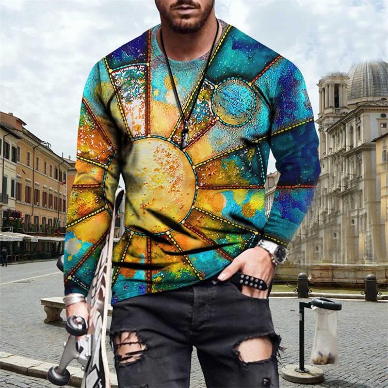3D Printed Colorful Personality T Shirt For Men African Ethnic Pattern Tees Autumn Casual O-Neck Tops Loose Long Sleeve T-Shirts