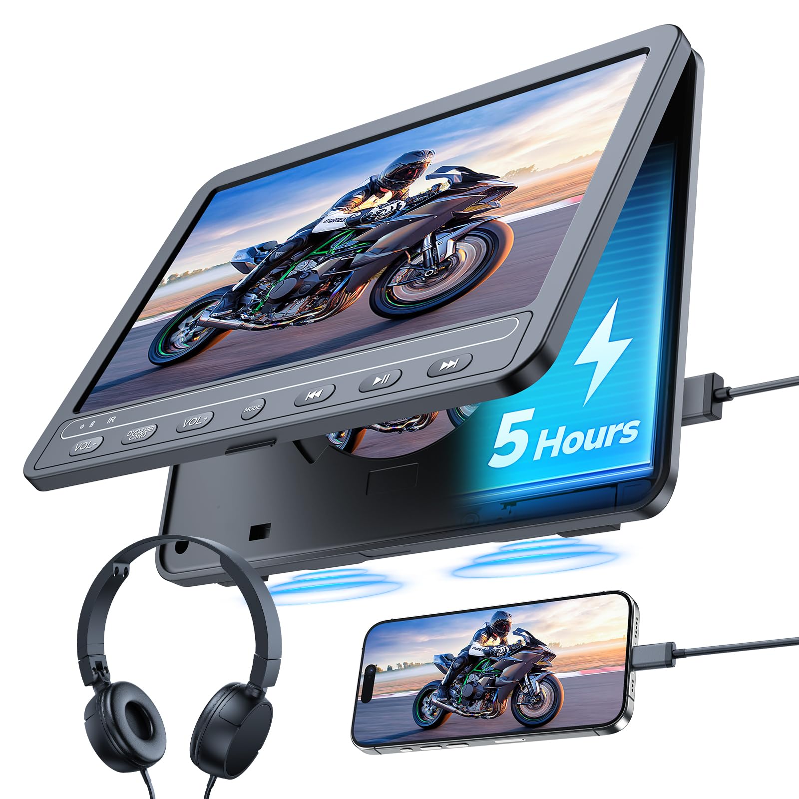 

GOnavidio Монитор на подголовник с передним HDMI SD 10,5-дюймовым входом, встроенными динамиками, видео во весь экран, CPRM, USB,