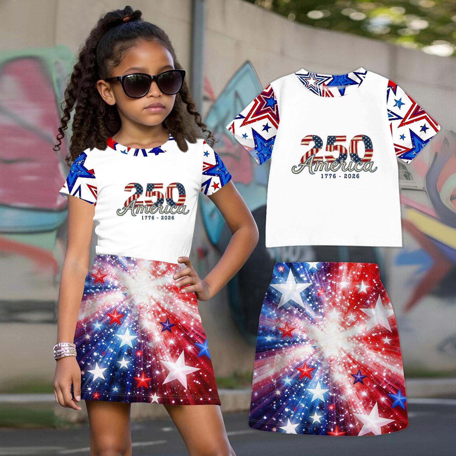 

Girls Loose Fit Casual Short Sleeve Crew Neck Top and Skirt Set Independence Day Print Two Piece Outfit Summer 160 винний