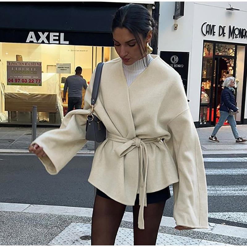 Fashion Solid Lace Up Fleece Coat Belt For Women Elegant V-neck Long Sleeve Jacket Autumn Winter Lady Street Outwear
