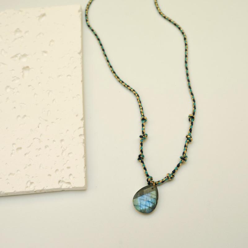Elegant Blue Braided Rope Labradorite Necklace with Stainless Steel and Natural Stone Pendant