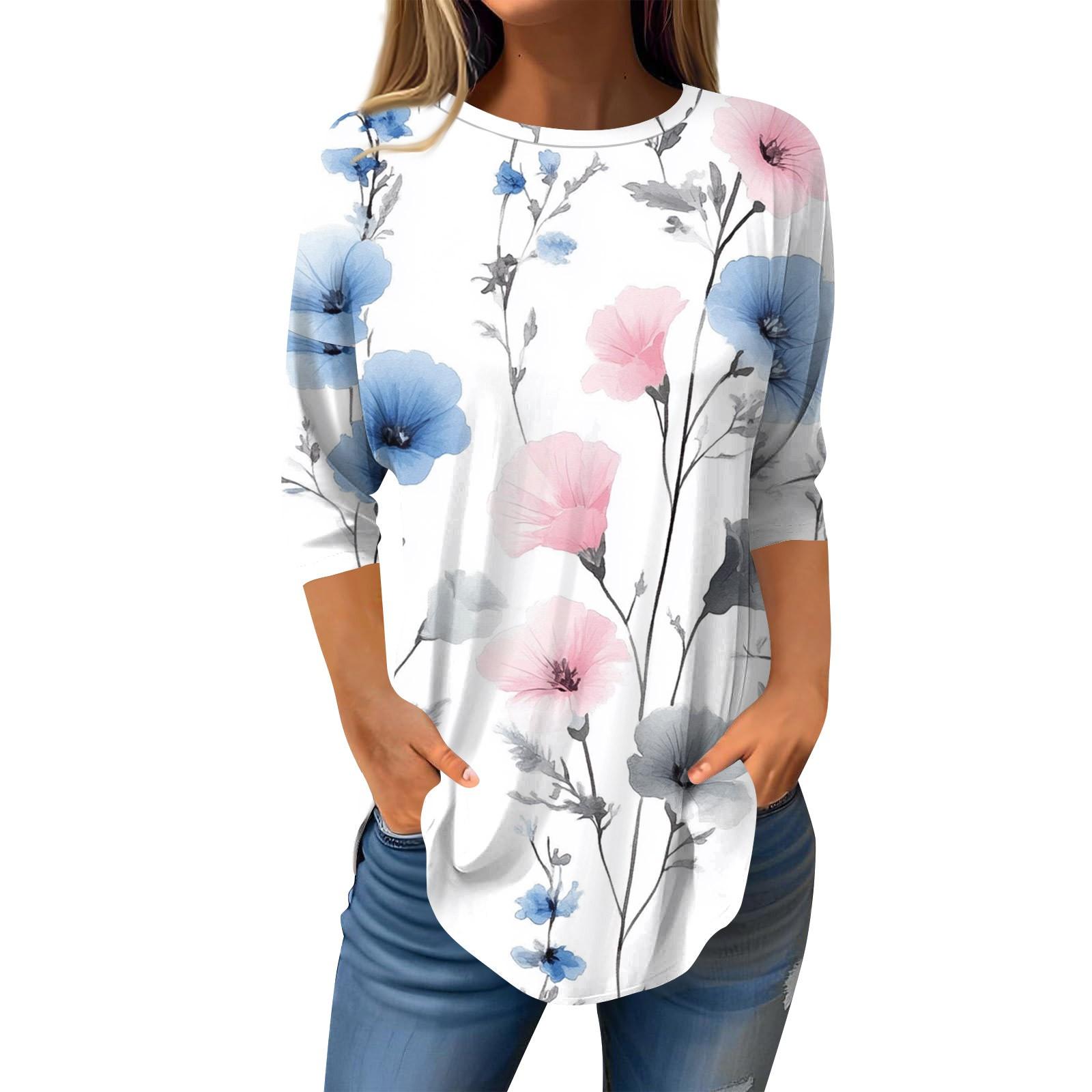 

Рубашки с рукавом 3/4 для женщин, милые топы, футболки с рисунком, блузки, повседневные базовые топы больших размеров, пуловеры XXXL