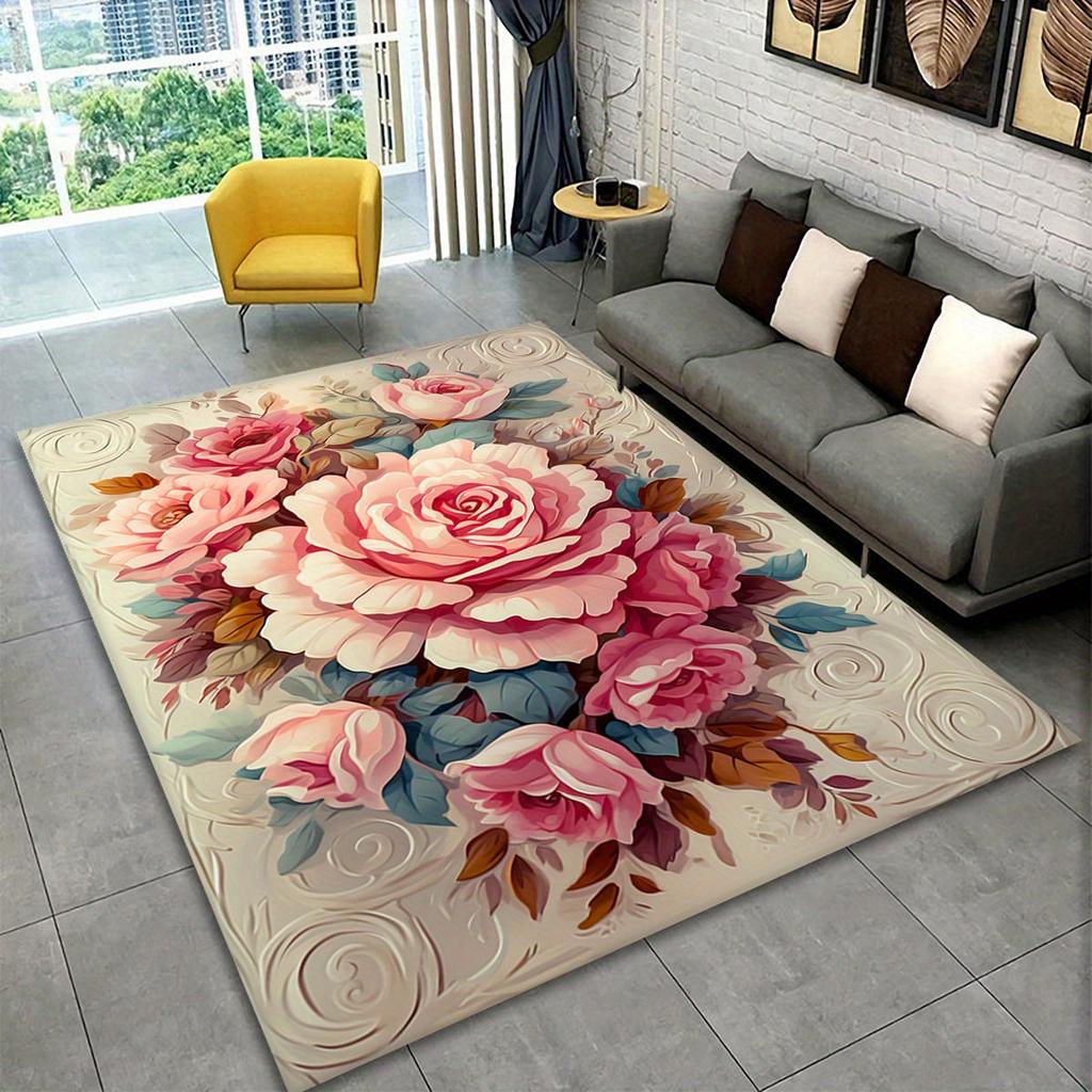 3D Floral Cross-Style Print Area Rug - Anti-Slip Floor Mat Heavyweight Polyester Carpet for Bedroom, Bathroom, Living Room,