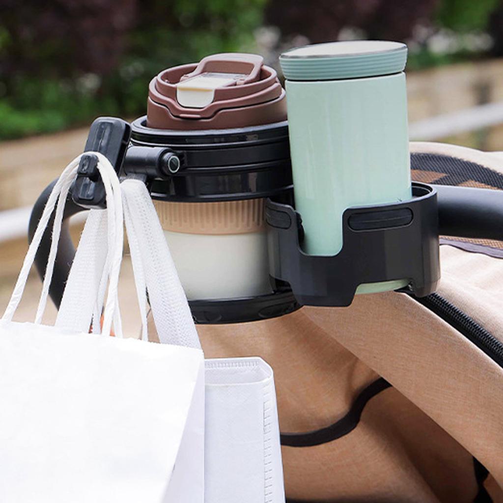 3 in 1 Stroller Cup Holder Folding with Hook 360 Deg Adjustable Double Bottle Holder for Bike Treadmill