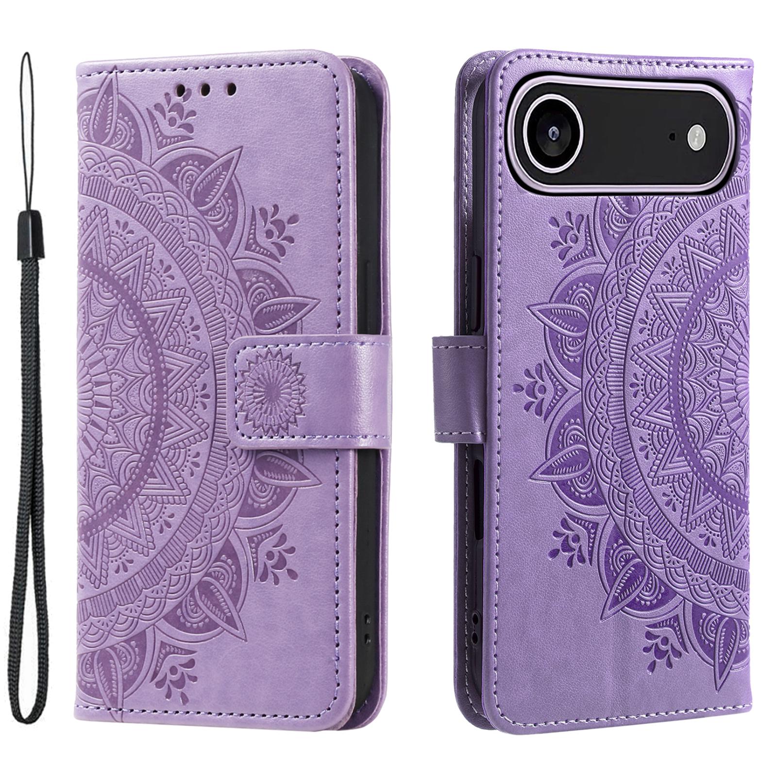 

For iPhone 17 Air Stand Case Imprinted Totem PU Leather Wallet Phone Cover with Wrist Strap Purple