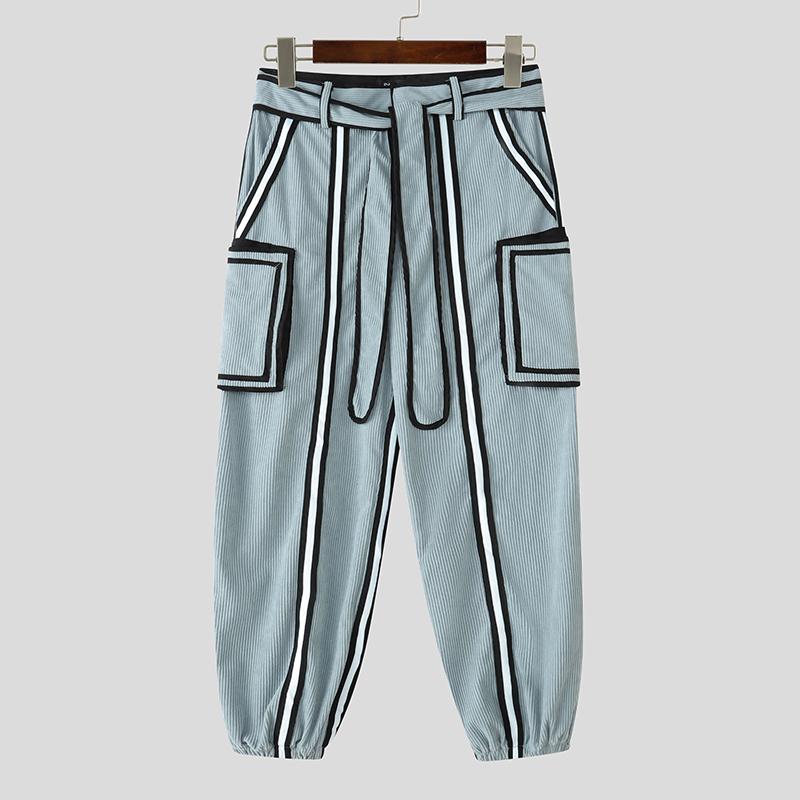 

INCERUN Men Autumn Belt Zip-up Waist Stitching Corduroy Harem Pants Trousers 5XL синий