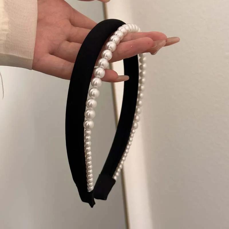 2025 New Narrow Satin Pearl Double-Layer Headband for Women Retro Elegant Black White Pearl Hair Hoop Wedding Hair Accessories