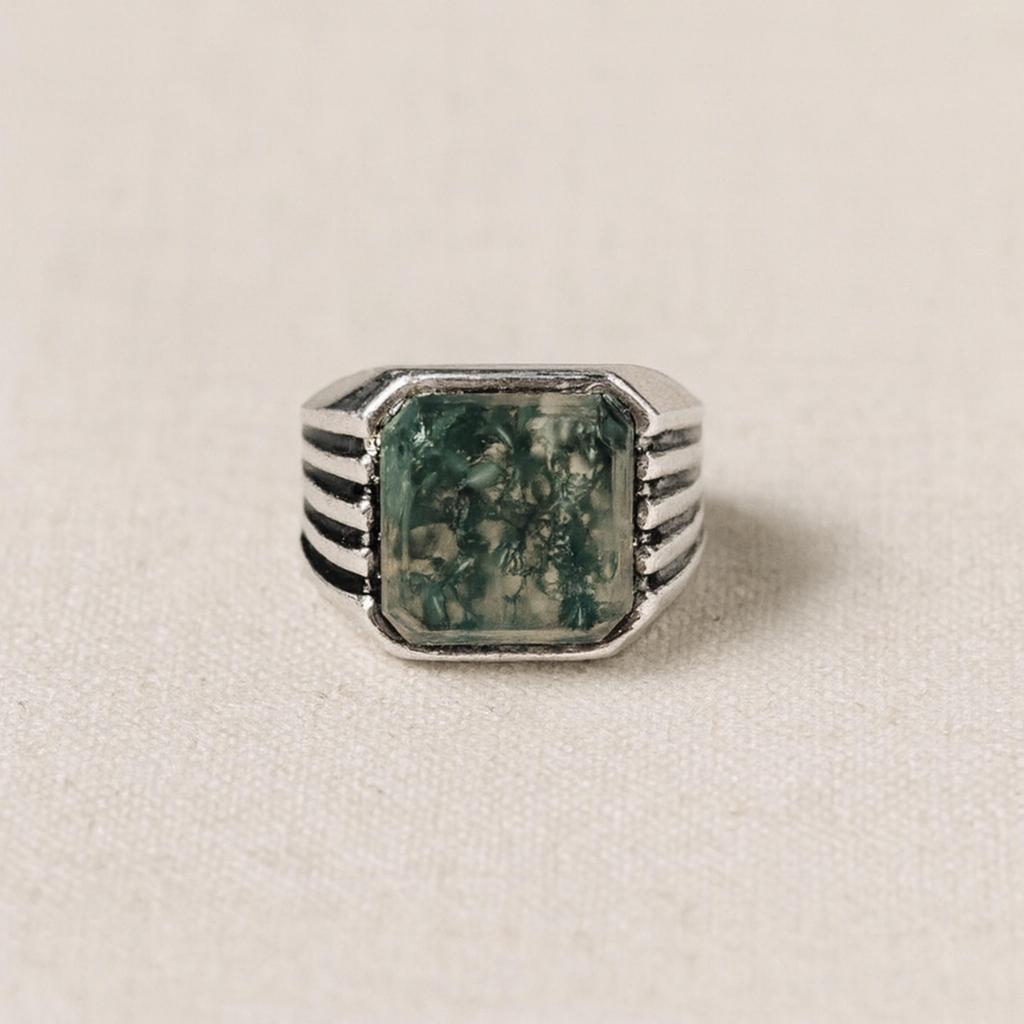 Moss Agate Signet Ring: 925 Solid Sterling Silver, Handmade Square Shaped Gemstone Ring, Men Women Ring