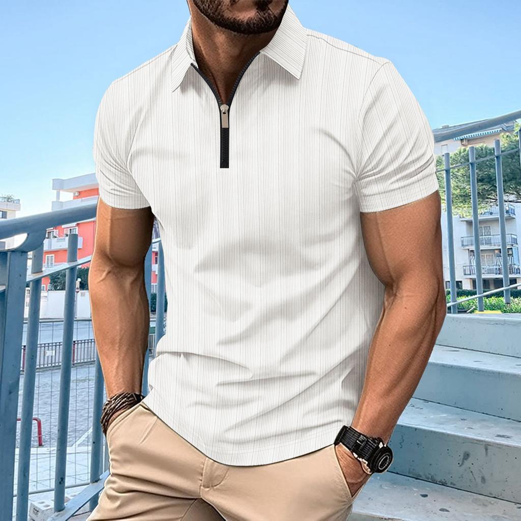 Fashion Men's New Solid Colour Textured Zip Short Sleeve T-Shirt Men's Tops