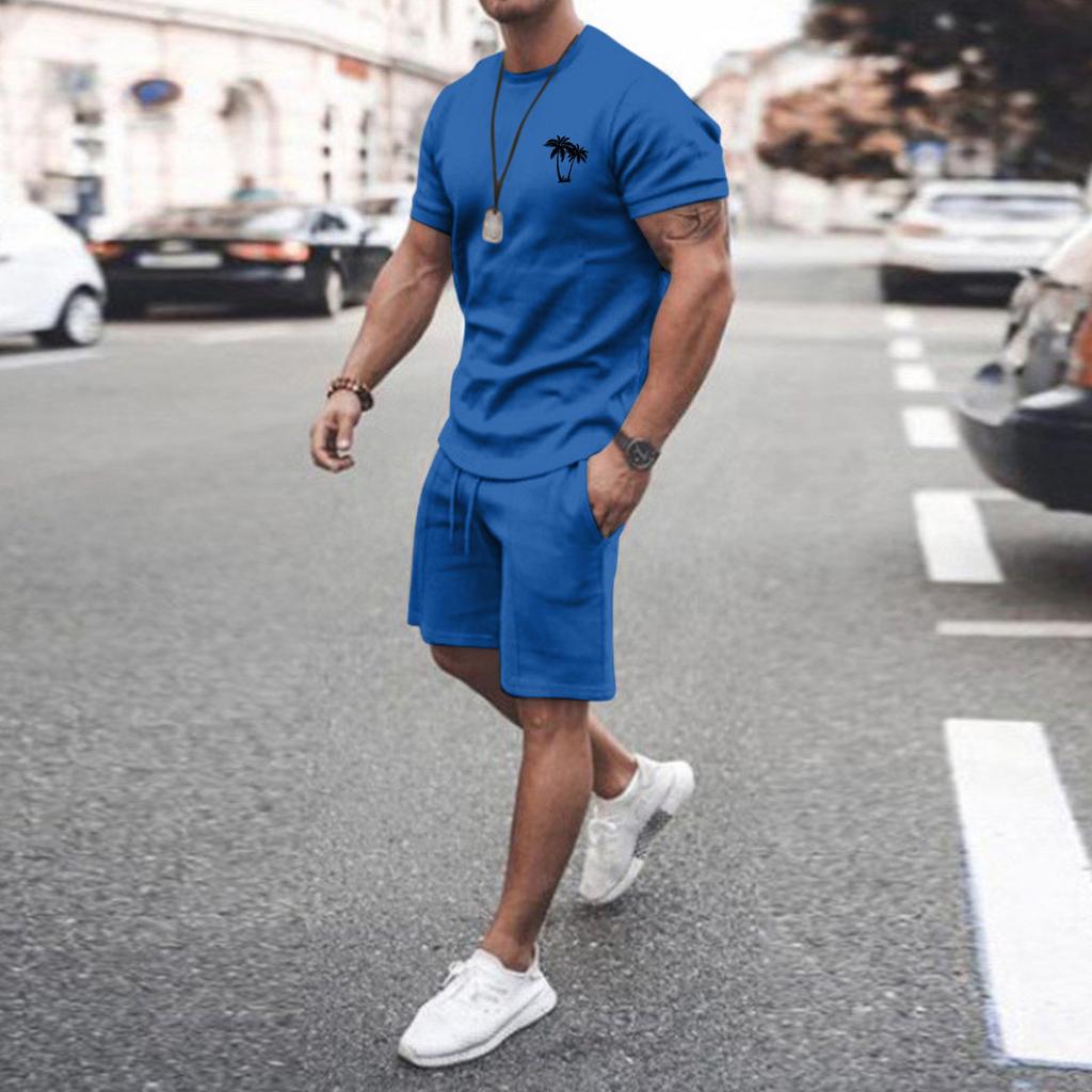 Ανδρικά Σετ Δύο Τεμαχίων Καλοκαιρινά Casual Μυώδη Μπλουζάκια Κοντομάνικα και Κλασικής Γραμμής Αθλητικά Σορτς Σετ Φόρμας