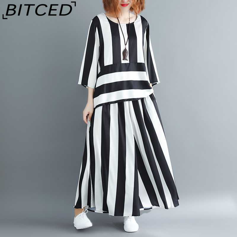 

BITCED Летний комплект из свободного свитера и широких брюк в художественную асимметричную полоску для женщин One Size