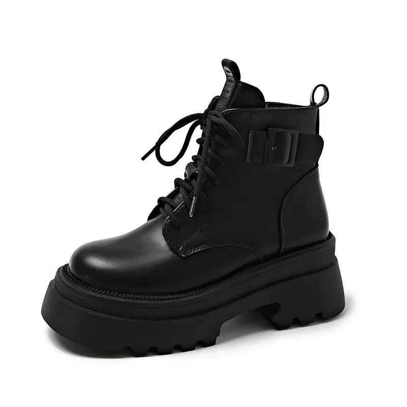 

Модные женские ботинки Британские Осенне-зимние Новые Платформа Ремень Пряжка Молния Шнуровка Модные ботинки Удобные Нескользящие Ботинки для улицы 2025 40 чёрный