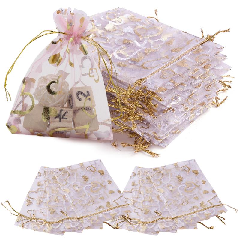 

100 шт. прозрачные подарочные пакеты из органзы в форме сердца с узором на шнурке, упаковочная сумка для ювелирных изделий pink bronzing 7 x 9cm