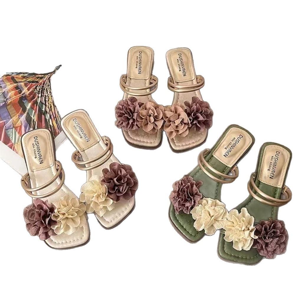 2025 summer Korean version of the national style flower green slippers purchase fashion flat bottom with two sandals