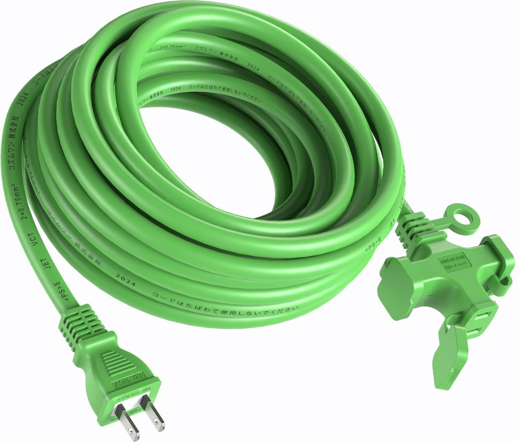 10m 3-Outlet VCT Heavy-Duty Soft Cable Extension Cord, 125V 12A, with Tracking-Resistant Cover and Dustproof Cap, Green, for Work, Cold and Heat