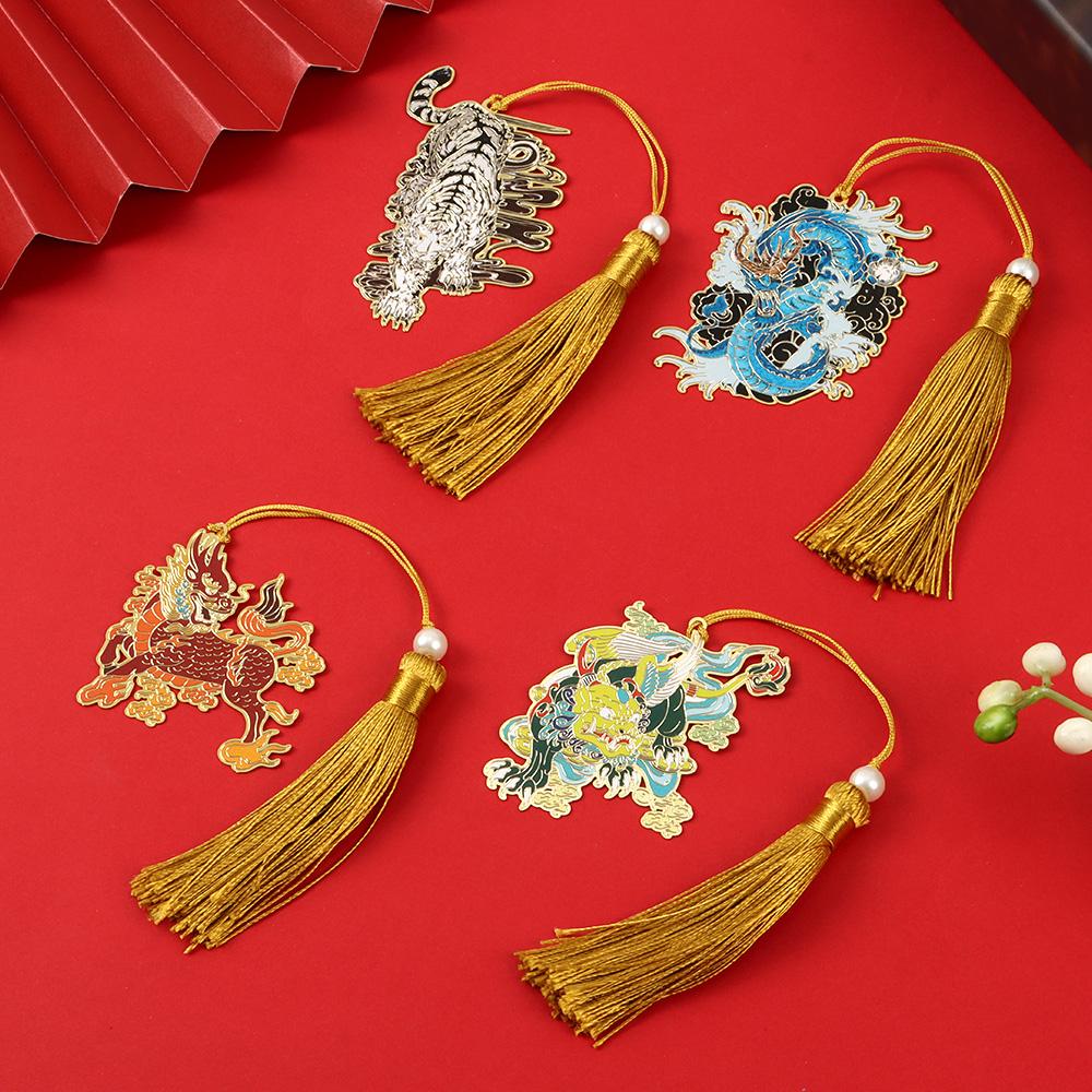 Student Gift Metal Dragon Tiger Retro Tassel Pagination Mark Brass Bookmark Painted Book Clip