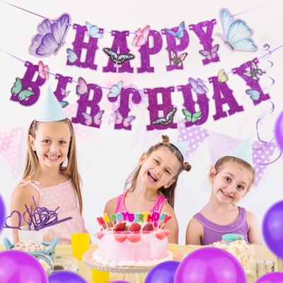 Purple Shiny Pink Butterfly Birthday Banner Princess Girl Butterfly Theme Birthday Party Decoration Butterfly Birthday Garlands
