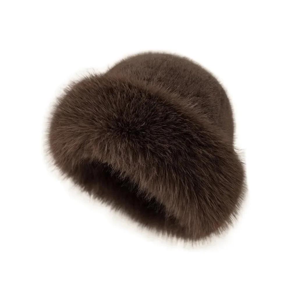 

Winter hats woman Faux Rabbit Fur Winter Hat Thickened Keep Warm Middle-aged Cap Flower Decor Bucket hats for women Cap кофейный