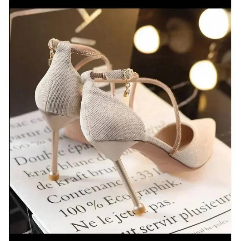 Women Luxury Glitter Pumps Women Pearls Strap Tacones Para Mujer Wedding Party Shoes Ladies Pointy Heel Cross-strap High Heels