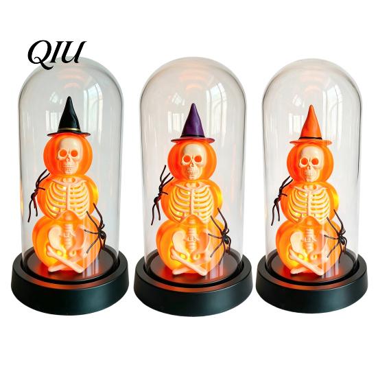 Halloween Window Display Pumpkin Skeleton Cloche Lamp, Lighted Stacking Skull in Clear Decor Dome with Witch Hat for Tabletop Mantel, Party