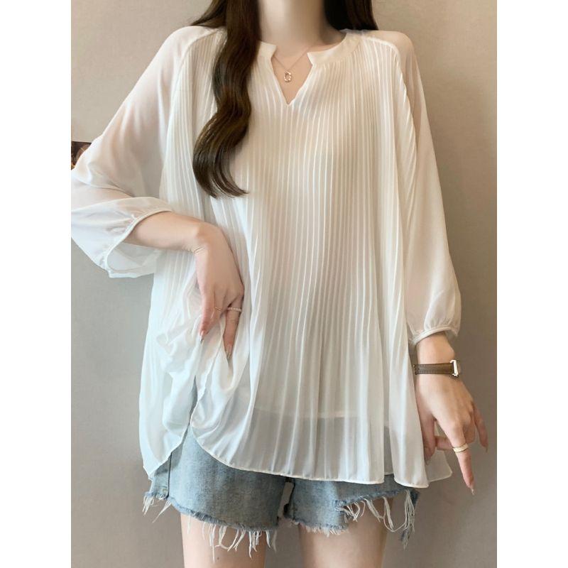 Ruffles Belly-Covering Chiffon Shirt Loose Slim Looking Short Sleeve