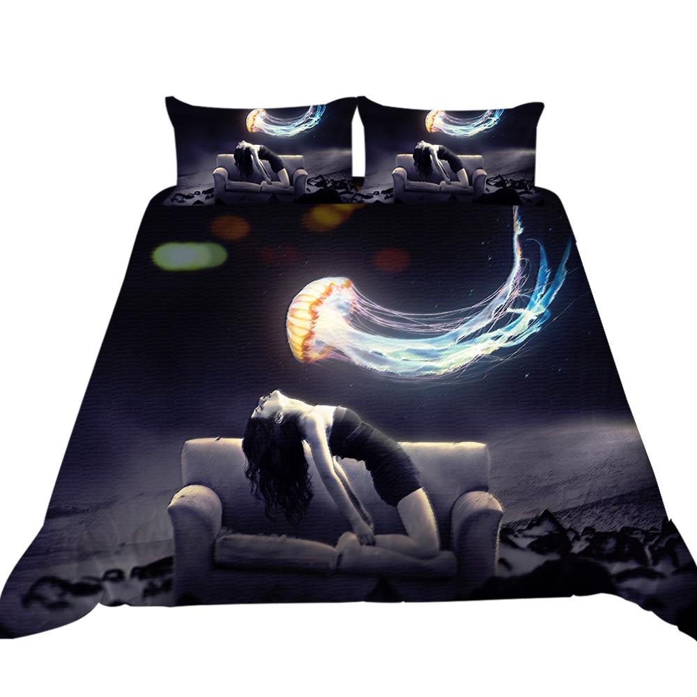 3D Ocean Animal Theme Series Bedding Set with Animal Prints Such As Jellyfish and Dolphins 2/3 Pieces, Washable Home Decoration