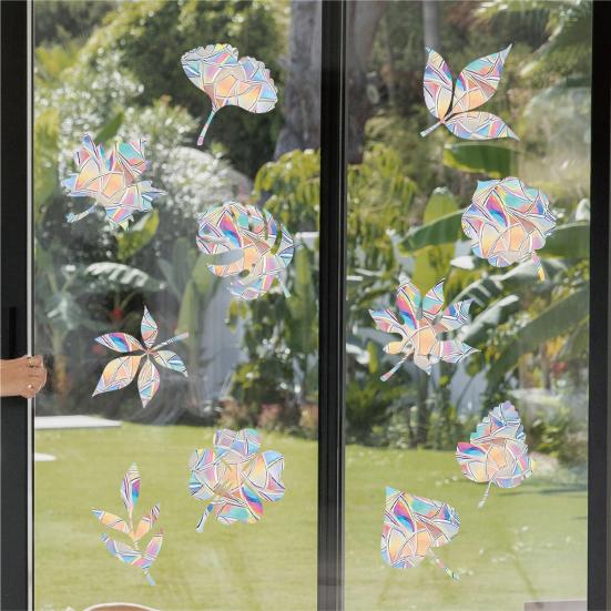 3 Sheets Rainbow Leaf Window Clings Prism Static PVC Window Decals for Bird Strike Prevention Reusable Window Sticker for Glass Doors Windows