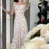 Women Summer Maxi Dress Side Split Elastic Bust Sleeveless Flower Print Ruffle Dress-up Patchwork Backless Women Dating Dress Female Clothing