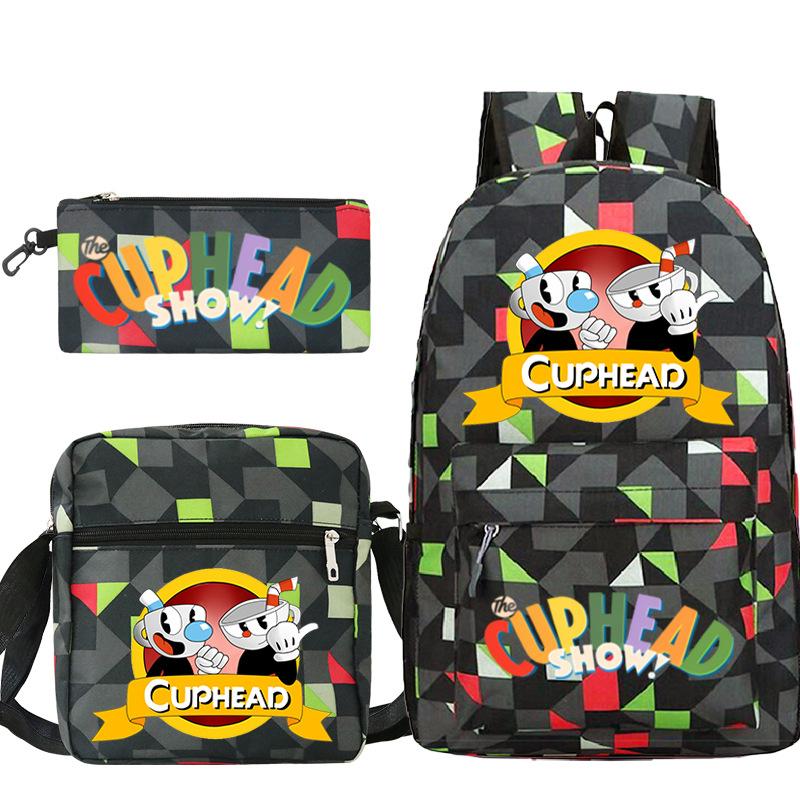 Cartoon Teacup Head Cuphead Student School Bag Backpack Three-piece Set Children's Shoulder Bag Pencil Bag