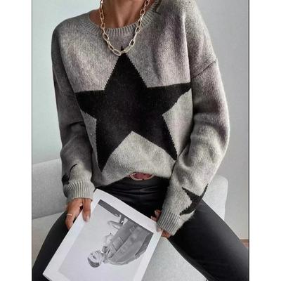 Dzianinowy sweter damski luźny, swobodny, dekolt w kształcie litery "o", gwiazda, gruby, swobodny sweter sweter damski elegancki, zimowy, jesienny modny sweter