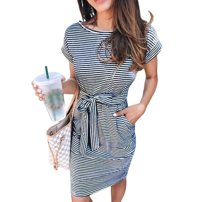 

Женское летнее полосатое платье-футболка с короткими рукавами, повседневное платье с завязкой на талии и карманами L