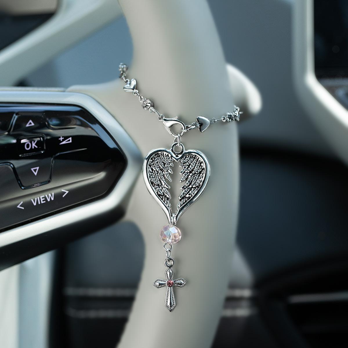 

Vintage Distressed Broken Heart Wings Cross Car Pendant Alloy Diamond-Studded Rearview Mirror Hanging Ornament