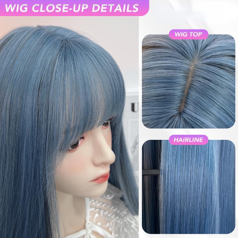 Blaugraue Perücken mit Air Bangs, 61 cm, glatte Kunstfaser, hitzebeständig, natürlich, für Partys oder Selfies, für Frauen, für den täglichen Gebrauch, koreanische Mode