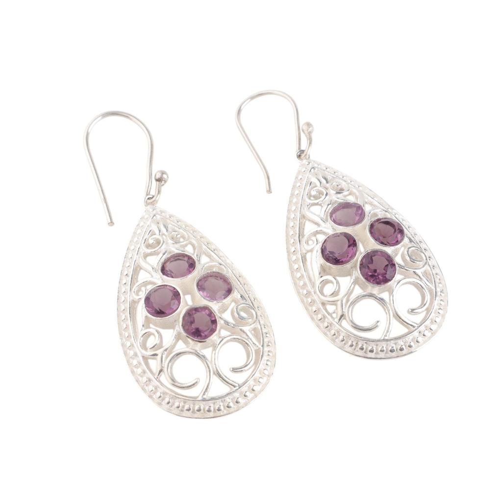 Natural Amethyst Gemstone 925 Sterling Silver Handcrafted Jewelry Earrings 2.25" CE-17-1