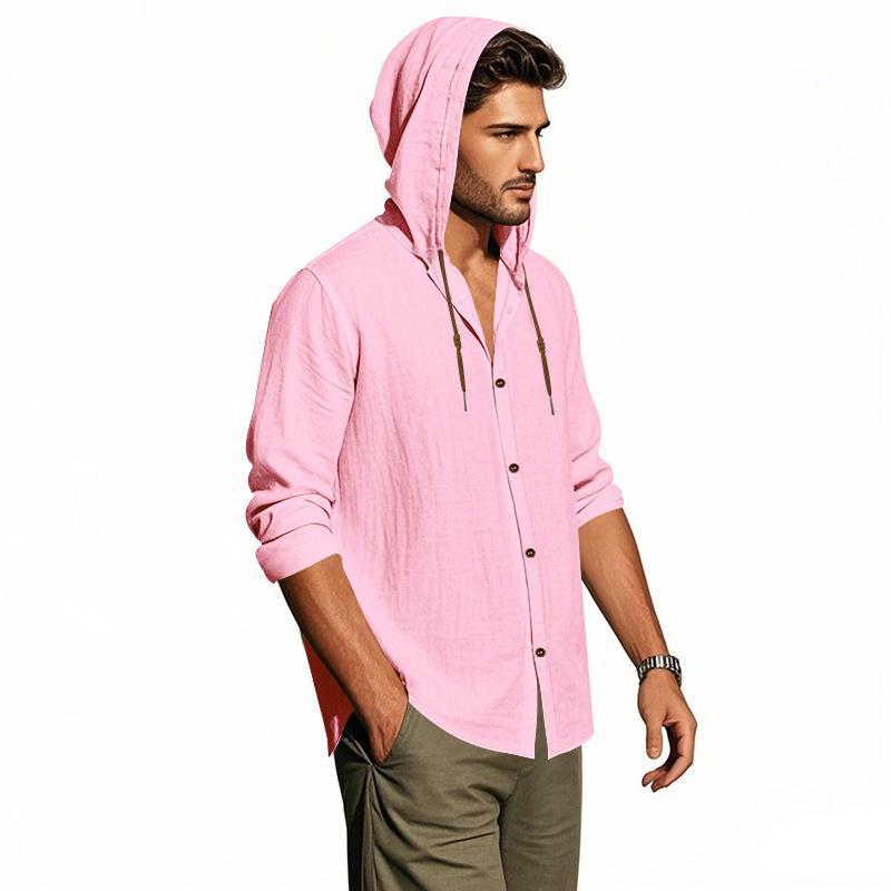 Gant Embroidery Men's Solid Color Casual Long Sleeved Shirt Hooded Drawstring Cotton and Linen Cardigan Trendy Versatile Loose Beach T-shirt