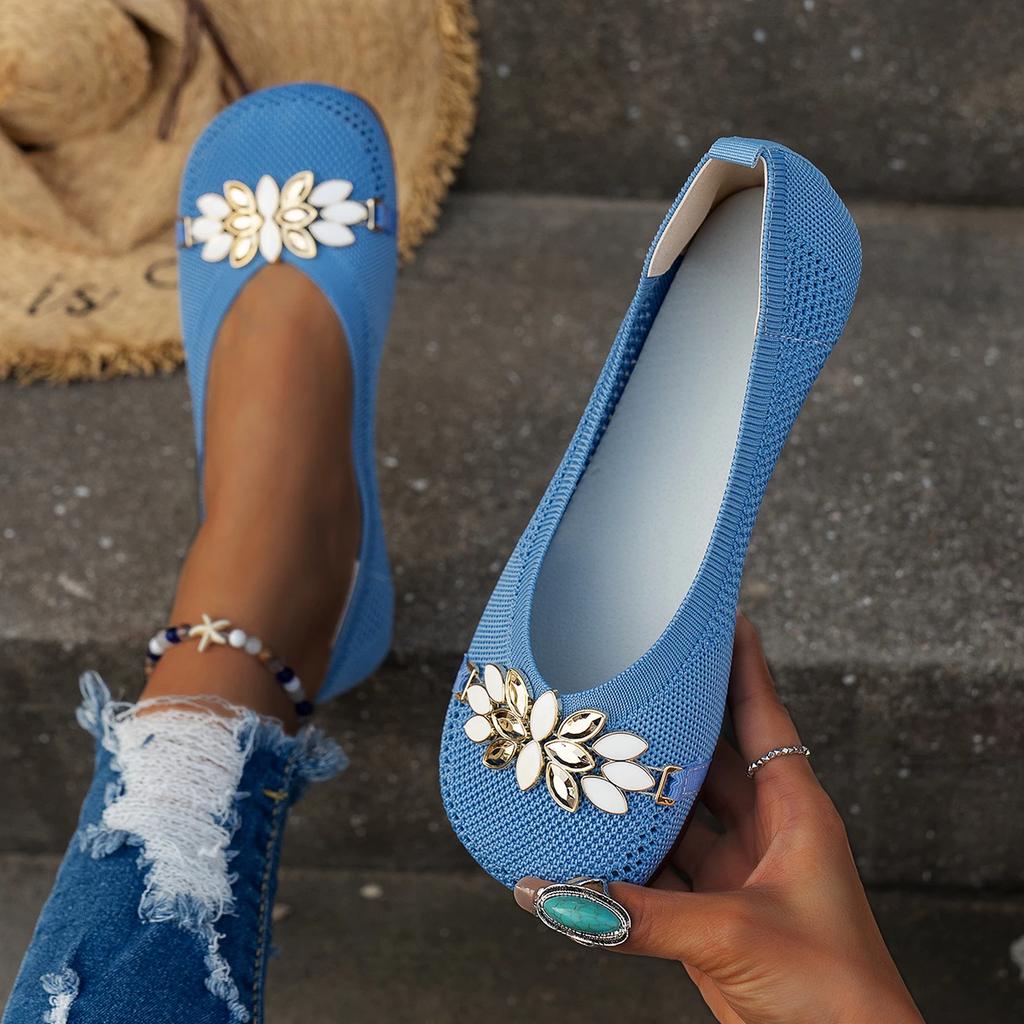 Fashion 2025 Ladies Shoes Mesh Breathable Women's Flats Shoes Casual Slip-on Ballet Flats Metal Flowers Round Toe Loafers Women Zapatos