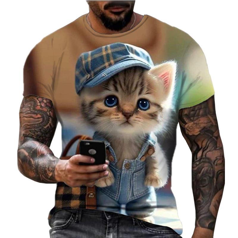 2024 Summer New T-shirt 3D Printed Animal Cat Men's Short Sleeved Round Neck Street Fashion Clothing for Women