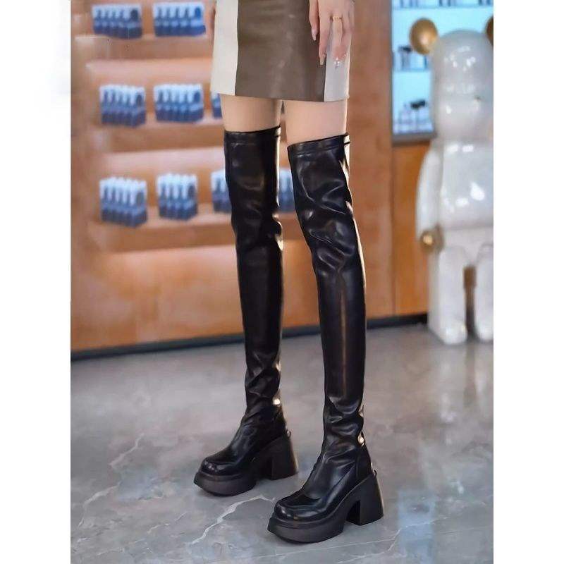Round head thick-soled boots women's elastic boots, thin over-the-knee boots women's 2025 new small thin versatile knight boots