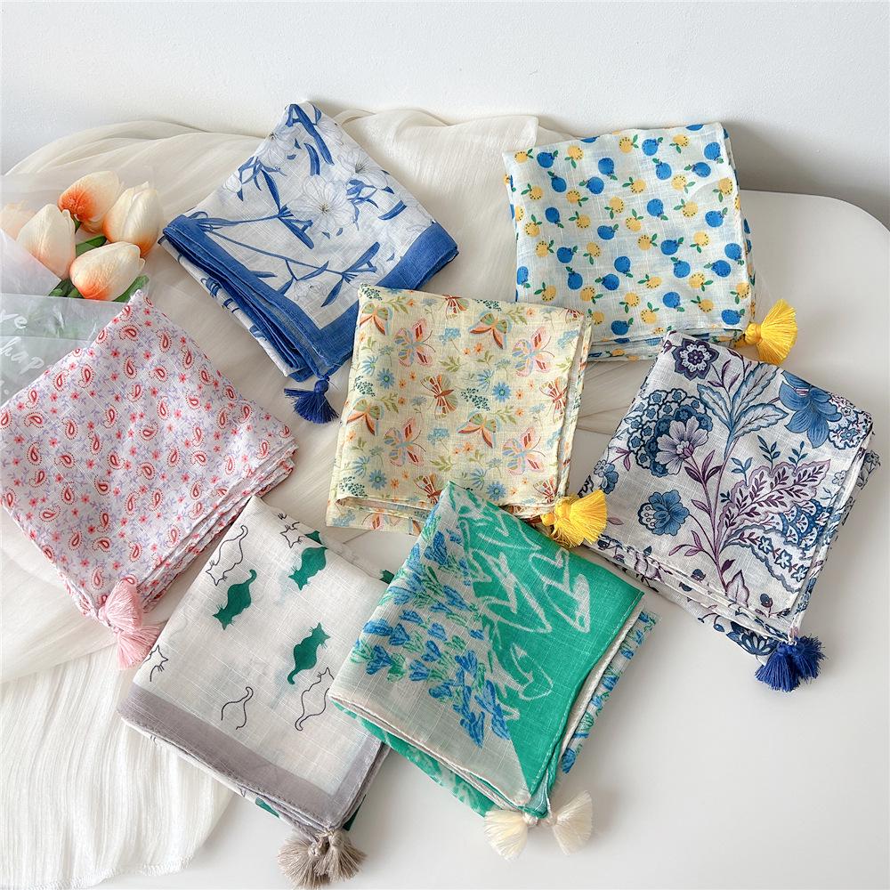 60 Tassel Cotton Linen Small Silk Scarf - Spring/Autumn Versatile Headscarf for Women, Fashionable Neck Protection and Decoration