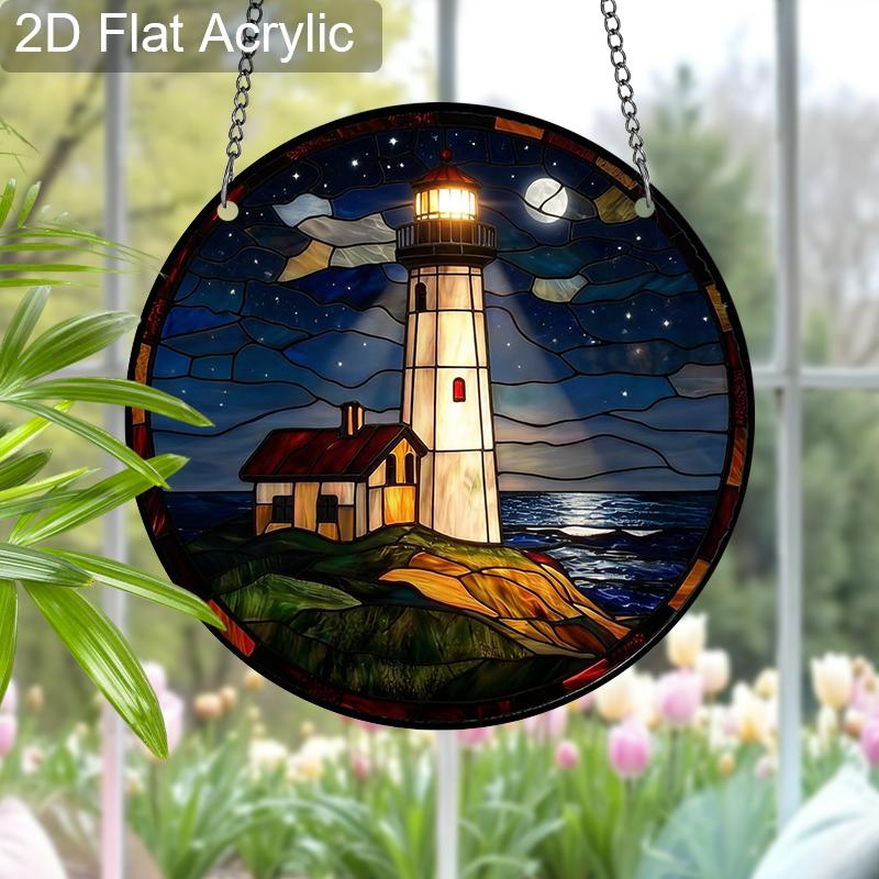 Acryl-Nachtleuchtturm am Meer Sonnenschutz, Fensterbehang im Buntglasstil für Liebhaber von Nautik und Ozean