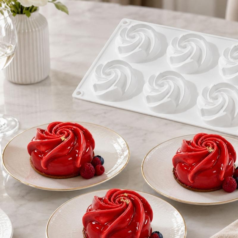 Helical Flower Dessert Molds 6 Cavity Rose Silicone Tray for Mousse Jellies and Chocolate with Flexible Smooth Release Design for Home Baking Projects