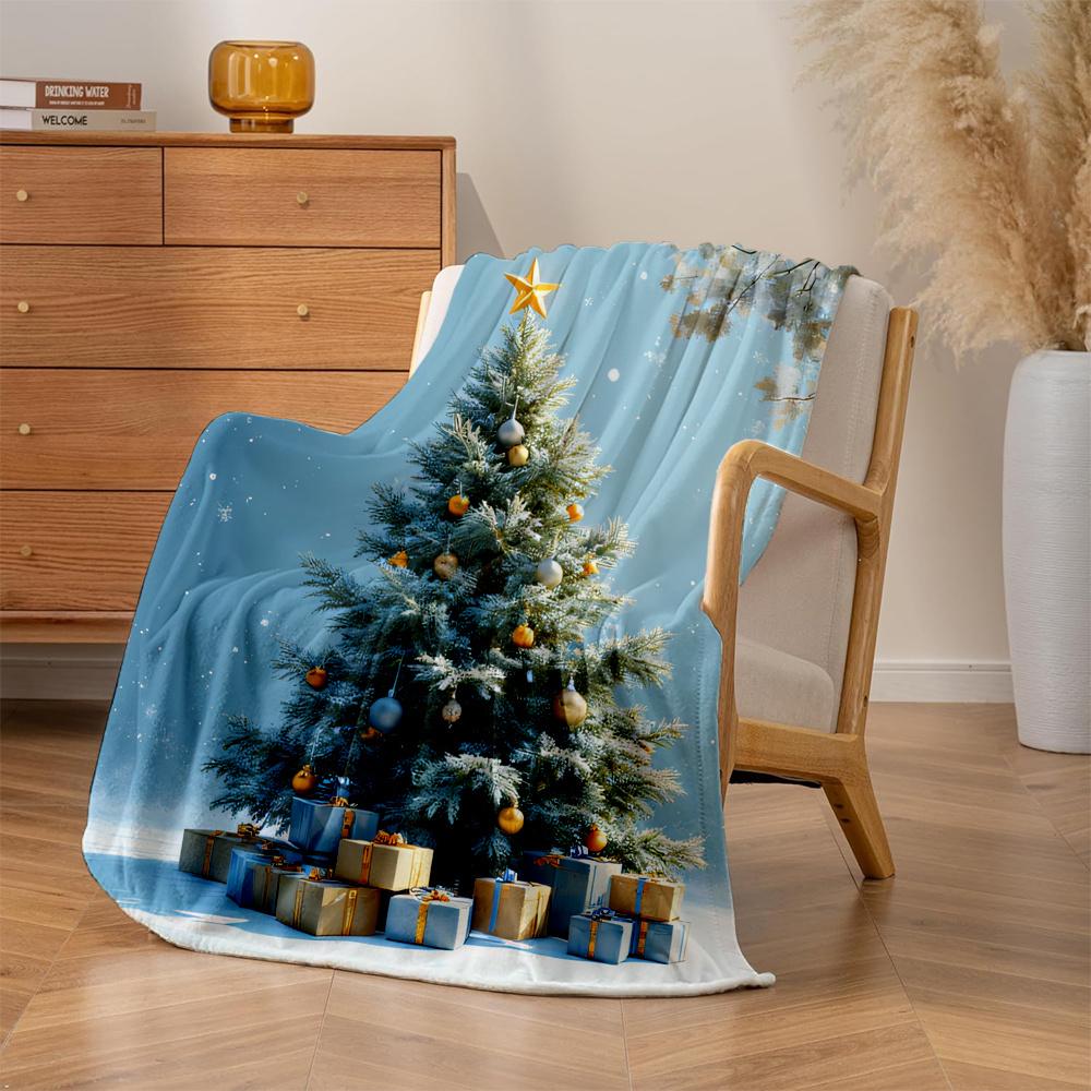 Luxury Plush Fleece Christmas Snowflake Tree Blanket - Turquoise Winter Bedspread With Golden Ornaments Pine Cones, All-Seas