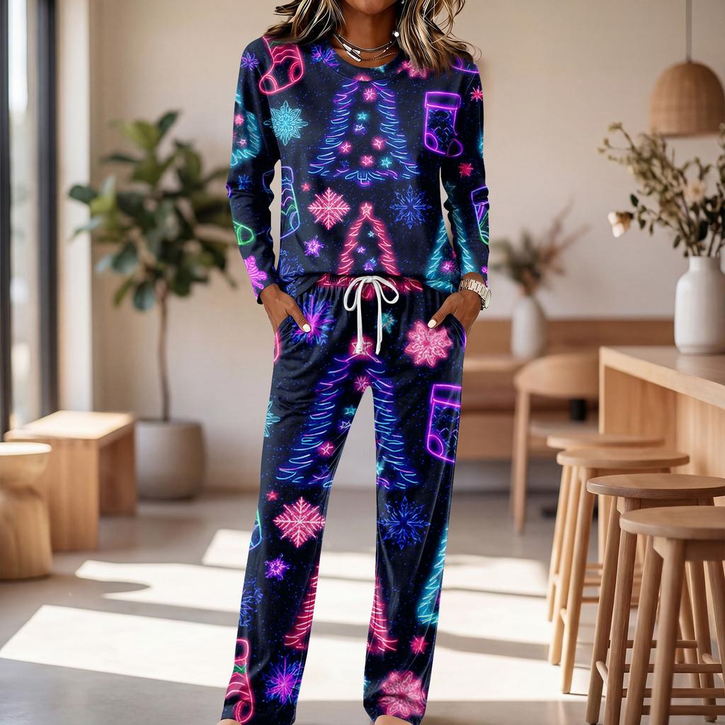 Casual Pajama Set with Long Sleeve Round Neck Top and Wide Leg Pants for Sleep and