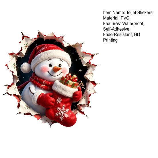 Snowman Pattern Tile Decals Christmas Toilet Decals, 3D Cover Sticker, Waterproof Decor for Bathroom Wall Sticker Holiday Home Lid Decoration