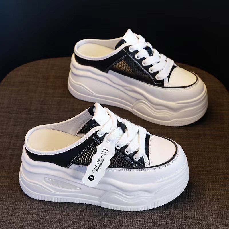 Casual home mesh half slippers women 2025 summer new thick bottom height increase small muffin bottom half slippers women