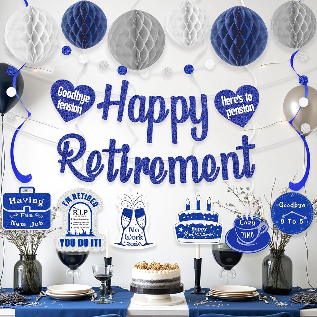 Navy Blue Retirement Party Decorations, Pre-Strung Happy Retirements Banner with Honeycomb Balls, Hanging Swirls, Circle Dots Garland for Happy