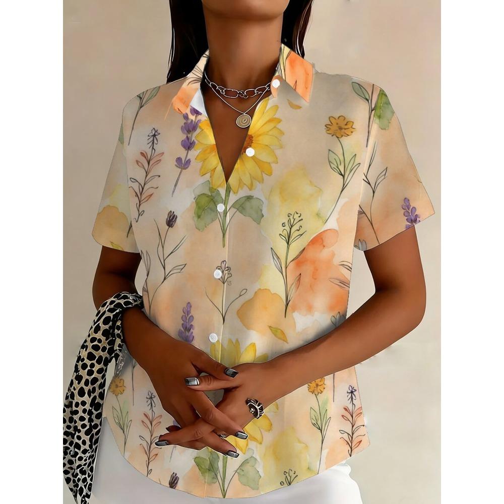 Plus Size, Plus Size Women s Casual Short Sleeve Sunflower Print Button-Up Shirt S