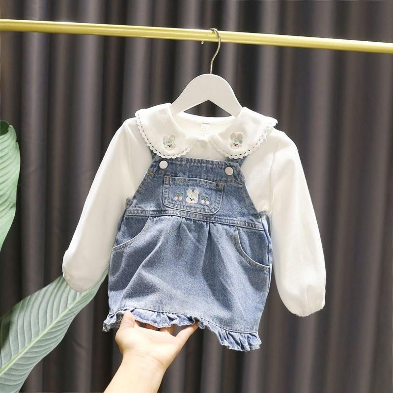 Adorable Baby Girls Spring Apparel Set With Chic Denim Pinafore Skirt And Soft Cotton Blouse For Toddlers