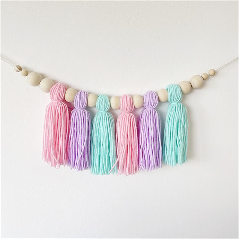 Boho Cotton Tassel Garland Wall Decoration with Wooden Beads Nursery Decor for Baby Room Tent Hanging Pendant Photo Props